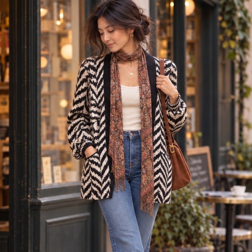 St John Sport Marie Gray Vintage BW Chevron Knit Open Front Cardigan Pockets SP